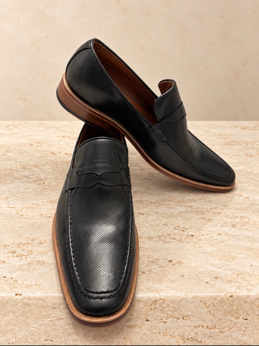 BIGIONI Men’s Black Perforated Leather Penny Loafers | Size 39/US 9